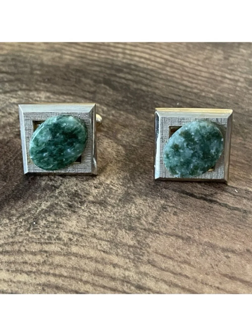 Vintage Shields Green Jade Gold Tone Cufflinks Tie Clip Set with Box Mid Century